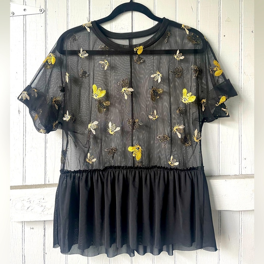 anthropologie short sleeve sheer mesh bumblebee embroidery appliqué peplum shirt